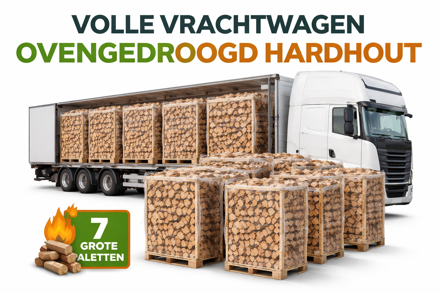 Volle vracht brandhout – 7 pallets (±14 m³) Oven-gedroogd – 25-33 cm – Eik/Beuk & Es